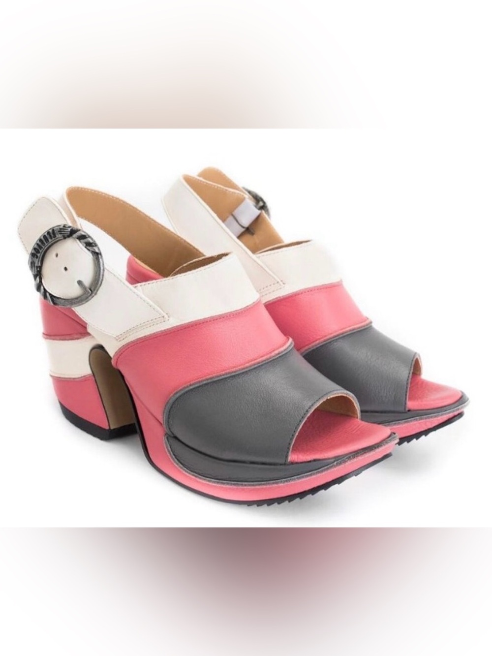 Fluevog GREAT COND Prepare Advisor pink/cream/gray open toe platform slingback-7